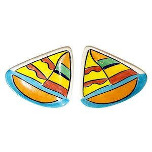 Sally Huss Smooth Sailing Boat Plates Tray Trinket Dish 8" Hand painted Set Of 2